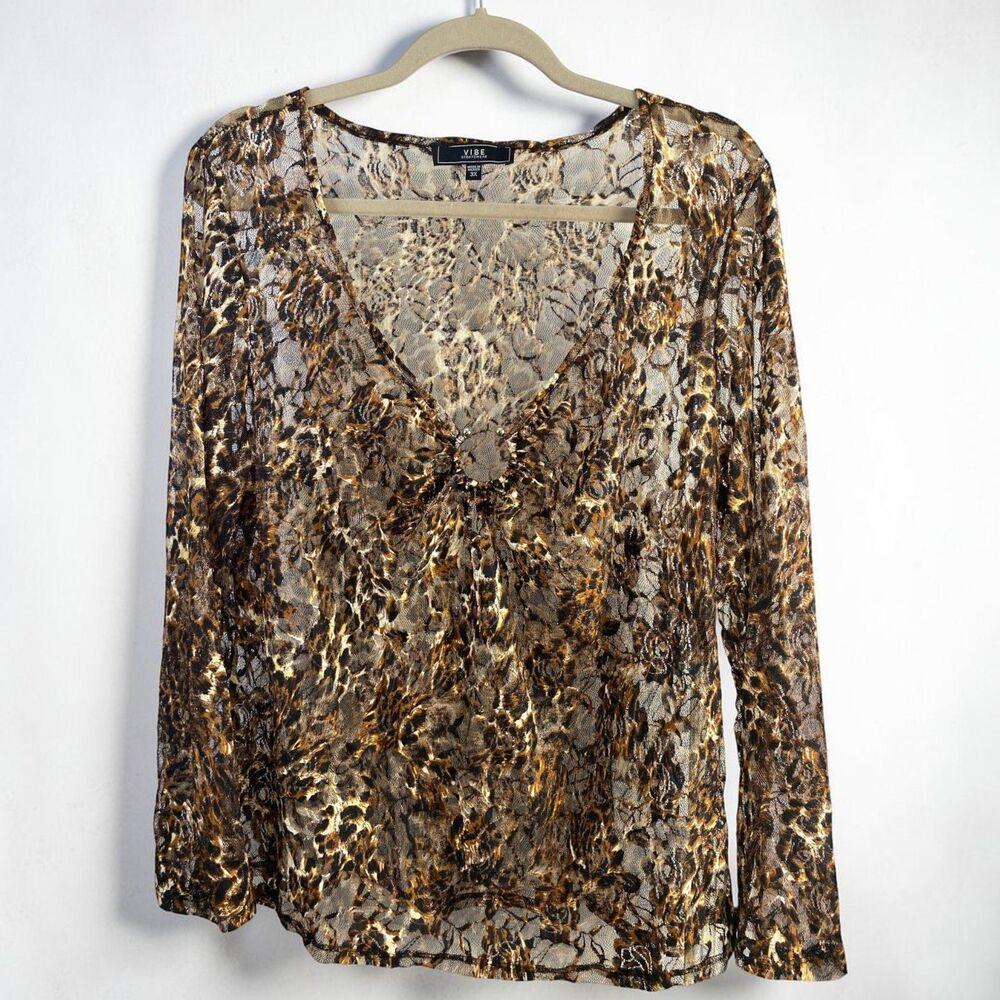 Vibe NWT 3X Top Sheer Lace Leopard Print  Low V-Neck Bell Sleeve Y2K Whimsigoth